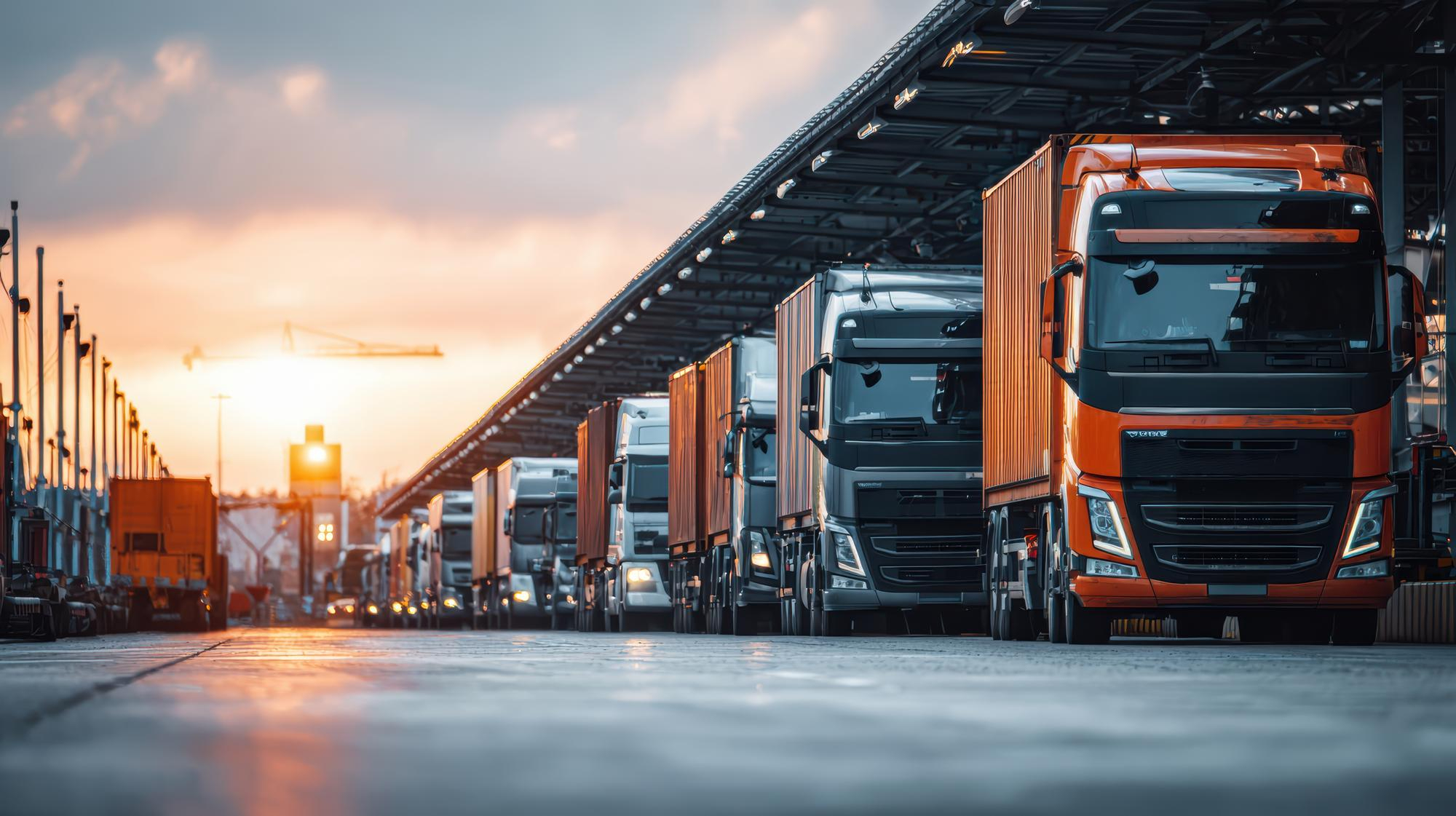 Rząd ciężarówek na terminalu logistycznym o zachodzie słońca.
